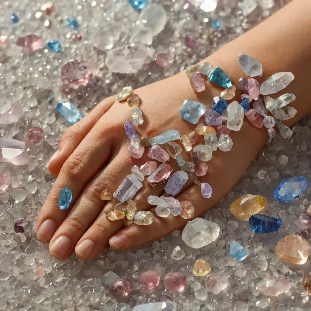 a hand with many colorful crystals on it