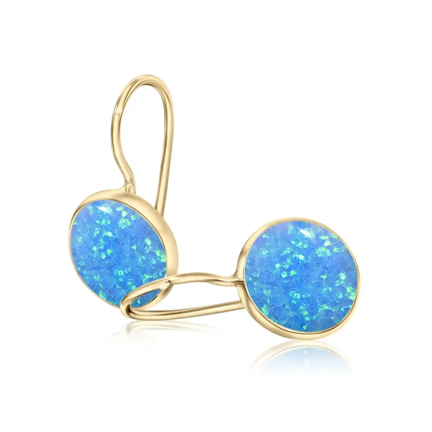 14K Yellow Solid Gold Blue Opal Dangle Earrings