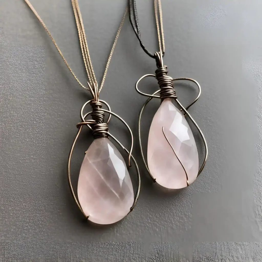 rose quartz pendant wrapped in wire