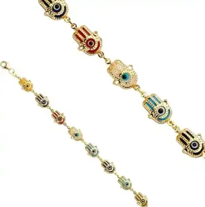 14K Yellow Gold Hamsa Multi Color Evil Eye Bracelet