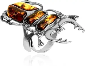 Amber Sterling Silver Large Scarab Adjustable Ring