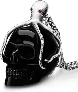 Black Obsidian Crystal Skull Pendant With Ruby Eyes