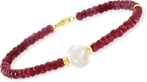 Cultured Pearl and Ruby Bead Bracelet With 14kt Yellow Gold