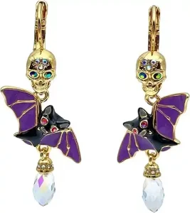 Halloween Bat Wing Skull Leverback Earrings