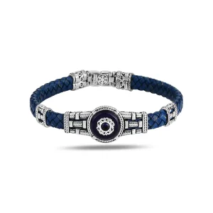 Silver Leather Evil Eye Bracelet