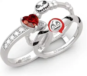 Skull Couple Heart Cut Sterling Silver Enhancer Ring Set