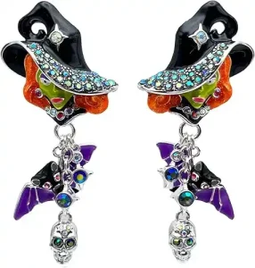 Spectacular Skull Halloween Gothic Bat Witch Glamor Earrings