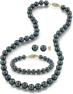 The Pearl Source 14K Gold Round Black Akoya Cultured Pearl Necklace, Bracelet & Earrings Set